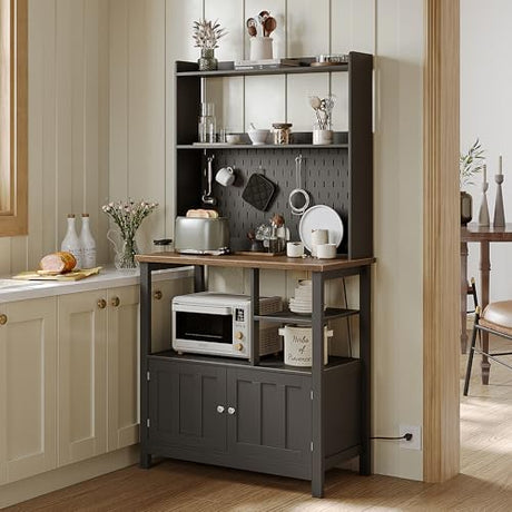 ChooChoo Pantry Cabinet with Charging Station, Kitchen Storage Cabinet with Microwave Stand, Farmhouse Kitchen Hutch with Storage for Living Room， Dining Room, Black & Espresso ChooChoo