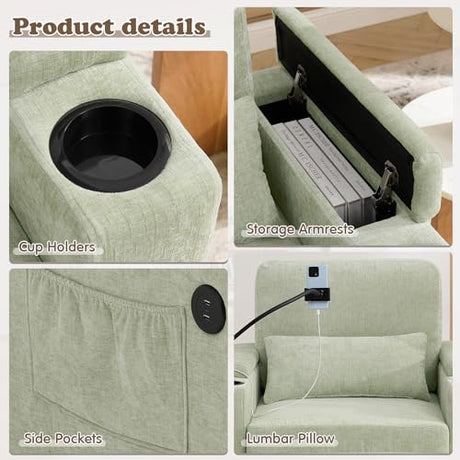 Small Chaise Lounge Chair Indoor with Ottoman&Adjustable Backrest,Chenille Tufted Recliner Comfy Sofa Chair with USB,Phone Holder&Storage Arms,Convertible Sleeper Couch Bed for Living Room(37"W,Cyan) Duigonp