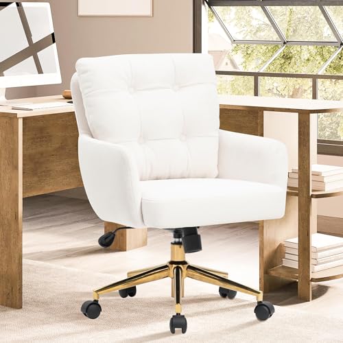 BALIAA Flannel Office Chair, Comfy Home Office Desk Chairs with Lumbar Support, Modern Velvet Desk Chair Gold Legs Small Swivel Task Chair for Home Office, Bedroom, Study (Beige, L) BALIAA