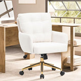 BALIAA Flannel Office Chair, Comfy Home Office Desk Chairs with Lumbar Support, Modern Velvet Desk Chair Gold Legs Small Swivel Task Chair for Home Office, Bedroom, Study (Beige, L) BALIAA