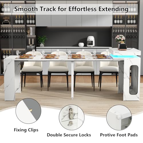 Extendable Dining Table with Charging Station & LED Lights, 19.7" to 98.4" White Faux Marble Dining Table, Rectangle Console Table for 2-8, Modern Space Saving Kitchen Island Table (No Chairs) Gyfimoie