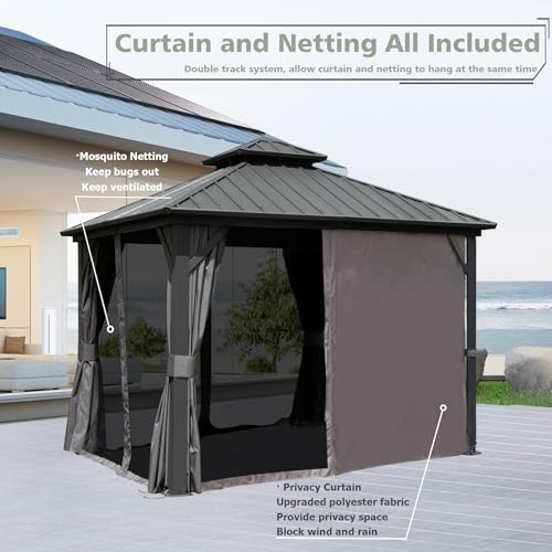 Domi Hardtop Gazebo 8x8FT, Aluminum Outdoor Gazebo with Galvanized Steel Double Roof Canopy, Curtains and Netting Included, Metal Gazebo Permanent Pavilion for Patio, Lawn, Garden, Gray domi outdoor living