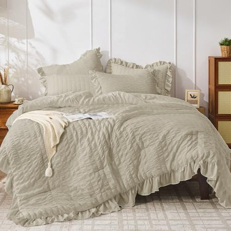 JOLLYVOGUE Twin Size Comforter Set, 2 Pieces Linen Seersucker Lightweight Fluffy Bedding Set, Twin Ruffle Comforter, All Season Soft Microfiber Shabby Chic Bed Set JOLLYVOGUE