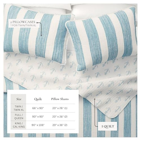 Great Bay Home Twin/Twin XL Coastal Bedding Set, Summer Coastal Quilt with Sham, Beach 2-Piece Reversible All Season Bedspread Quilt Set. Lightweight Nautical Quilted Coverlet. Blue Great Bay Home