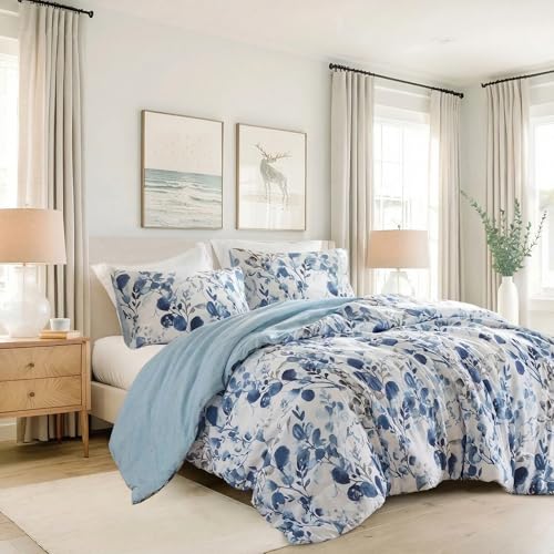 Regency Heights Lightweight Seersucker Botanical Queen Size Comforter Set, 3 Pieces Reversible Design Bed Comforter, Premium Microfiber Bedding Set, Comforter and Shams Set, Blue Regency Heights