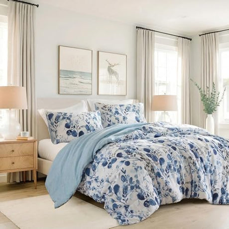 Regency Heights Lightweight Seersucker Botanical Queen Size Comforter Set, 3 Pieces Reversible Design Bed Comforter, Premium Microfiber Bedding Set, Comforter and Shams Set, Blue Regency Heights