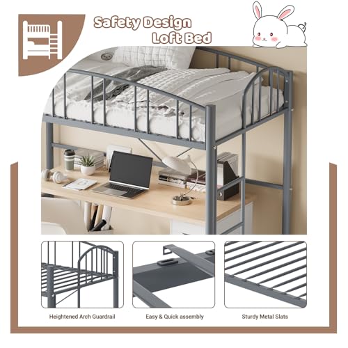 Garvee Loft Bed Twin Size with Ladde and Arched Guardrail, Heavy Duty Metal Loft Bed Frame for Kids and Adults, Sturdy Steel Slats Support, Small Space Saving Design, No Box Spring Needed, Gray Garvee