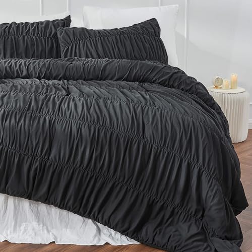 Bonlino Queen Comforter Set - Black Boho Shabby Chic Bedding for Bedroom - Fluffy 3 Piece Ruffle Comforter Set with Pillow Bonlino