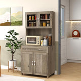 HOMCOM 67" Pantry Cabinet, Modern Kitchen Hutch, Freestanding Storage Cabinet with Glass Doors, Adjustable Shelves and Drawers for Home, Dining Room, Living Room, Gray HOMCOM