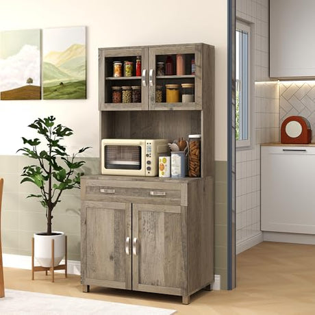 HOMCOM 67" Pantry Cabinet, Modern Kitchen Hutch, Freestanding Storage Cabinet with Glass Doors, Adjustable Shelves and Drawers for Home, Dining Room, Living Room, Gray HOMCOM