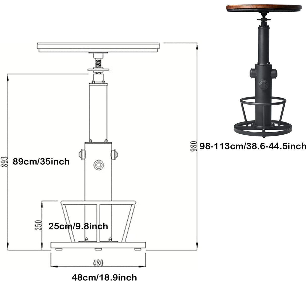 LOKKHAN Industrial Bar Table 38.6"-48.4" Height Adjustable Swivel Round Wood Tabletop 23.7" Dia, Kitchen Dining Office Coffee Bistro Pub Table LOKKHAN