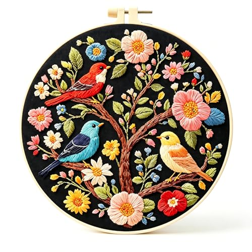 Zhenqing Three Birds on Floral Tree Embroidery Kit for Beginners, Pre-Printed 29x29cm Cotton Fabric with 20cm Hoop, Colorful Birds Design on Dark Background (C0240)