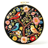 Zhenqing Three Birds on Floral Tree Embroidery Kit for Beginners, Pre-Printed 29x29cm Cotton Fabric with 20cm Hoop, Colorful Birds Design on Dark Background (C0240)