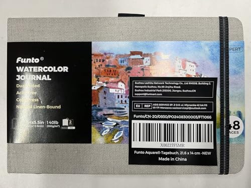 Funto Watercolor Journal, 8.5x5.5, 48 Pages, Cold-Pressed, Inner Paper Pocket and Elastic Band, Art Supplies for Mixed Media Funto