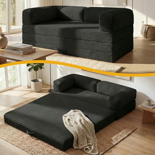 Tri-Folding Mattress Futon Sofa Bed, Convertible Foldable Mattress with Removable Armrests & Washable Cover, 5'' Floor Mattress with High-Density Foam, Small Couch Bed, No-Assembly, Full, Black Erament