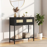 Giantex Rattan Console Table, 32" Boho Entryway Table with 2 Drawers, Metal Frame, Narrow Long Sofa Tables with Open Storage Shelf for Living Room, Hallway, Foyer, Entrance (Black) Giantex