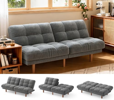 AMADA HOMEFURNISHING 65" Futon Sofa Bed, Convertible Futon Couch with Adjustable Backrest, Ergonomic Recliner Sleeper Sofa with Corduroy Fabric for Living Room, Office, Guest Room (Grey) AMADA HOMEFURNISHING