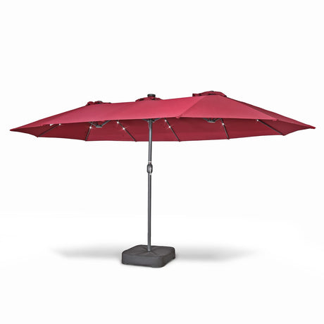 Home Zone Living 15x9 Ft Double Head Patio Umbrella with Base, 36 LED Lights, Sand Bags, UV Resistant & Waterproof, 213 LBS Total Weight, Burgundy Red Home Zone Living