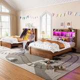 RAYROMAN Full Size Bed Frame with 2-Tier Storage Headboard, LED Lights, Charging Station, 2 Drawers, 800lbs Capacity, Wood & Metal Platform, Noise-Free, No Box Spring Needed, Barn Door Design RAYROMAN
