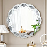 Goujxcy 2 Piece Silver Mirrored Console Table and Round Wall Mirror Set, 55.9" Rectangle Luxury Mirrored Entryway Sofa Table and 31.5" Crush Diamond Wall Mirror Set for Living Room Hallway Entrance Goujxcy