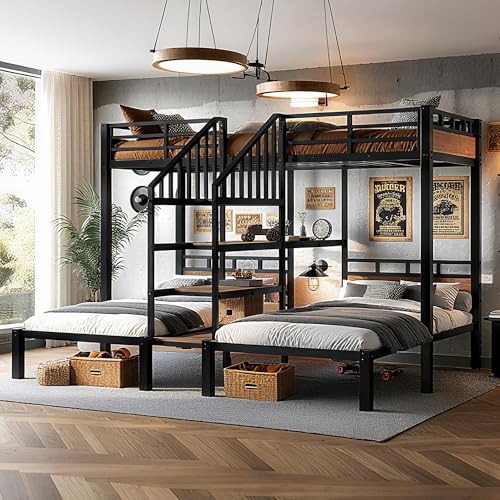 Bellemave Triple Bunk Bed for Kids Twin Over Twin & Twin with Storage Shelf & Stairs, Heavy Duty Metal Bunkbed Frame for Kids & Adults, Space Saving Triple Bunk Beds with Guardrails, Black Bellemave