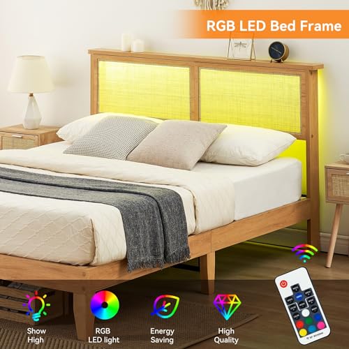 Solid Wood Queen Bed Frame with Rattan Headboard and LED Lights - Modern Design and Under-bed Storage - WoodArtSupply