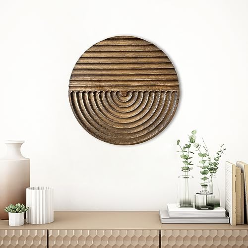 Musanpou Hand-carved Wood Wall Decor featuring Artistic Round Design for Farmhouse and Country-style Interiors | Wall Art Decoration | 11.8 inches x 11.8 inches (brown)