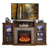 COSTWAY Electric Fireplace TV Stand for TVs Up to 65 Inches, 18-inch Fireplace Insert with APP Control, Remote Control, 16 Color Lights, Wooden Entertainment Center with Adjustable Shelves, Brown COSTWAY