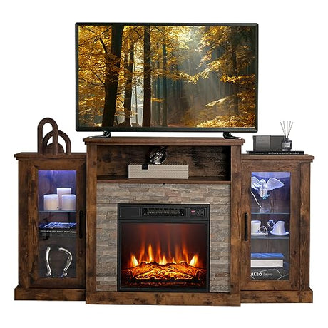 COSTWAY Electric Fireplace TV Stand for TVs Up to 65 Inches, 18-inch Fireplace Insert with APP Control, Remote Control, 16 Color Lights, Wooden Entertainment Center with Adjustable Shelves, Brown COSTWAY