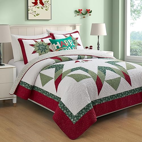 NELIFDER King Size Christmas Bedding Quilt Set 100% Cotton Red Bird White Snowflake Pattern Bedspread Real Patchwork Star Hand Made 3 Peice Wedding Ring Set NELIFDER