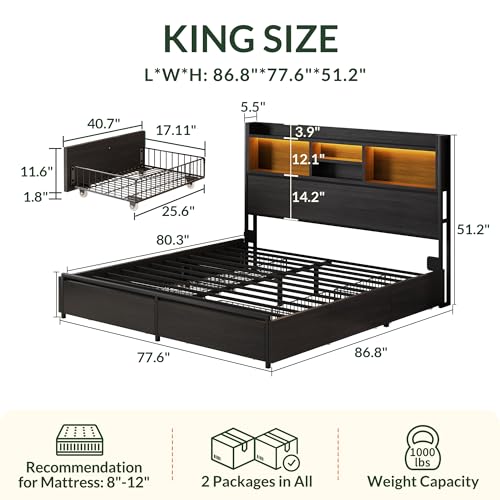 LARMACE King Size Bed Frame with 6 Storage Drawers and Headboard Wooden Platform Bed Frame with LED Lights and Charging Station Easy Assembly/No Box Spring Needed/Black LARMACE