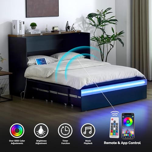 VINGLI Full Size Murphy Bed with Storage Drawer,Smart LED Lighting,Built-in 2 Charging Stations, Space-Saving Cabinet Bed for Kids,Adults & Guests,Classic Black VINGLI