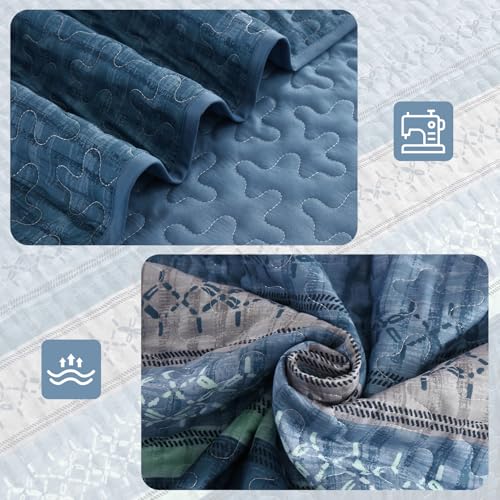 Menghomeus Blue Quilt Set King Size, 3 Pieces Striped Patchwork Quilted Bedding Sets, Soft Lightweight King Bedspreads Coverlets Bedding Set for All Seasons 104"x90" Menghomeus