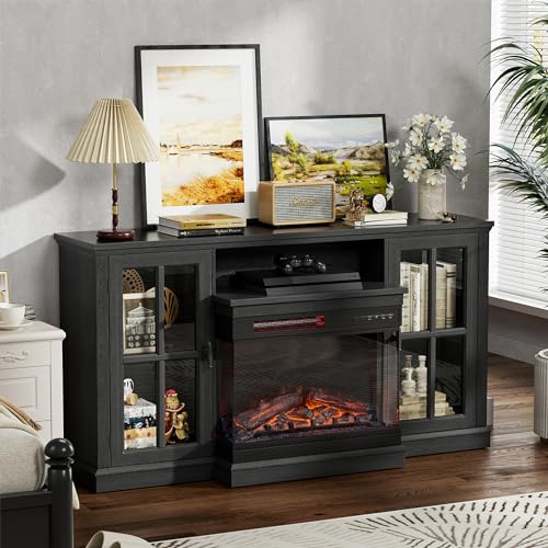 JUMMICO Fireplace TV Stand for TVs up to 65'', 3-Sided Glass Media Entertainment Center Console Table with Cabniet Storage Adjustable Flame LED Color for Living Room (Black) JUMMICO