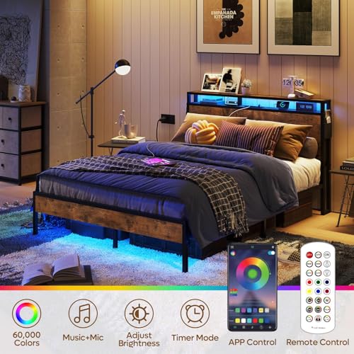 Bestier Queen Size LED Platform Bed Frame with Headboard, Storage, and Charging Station - WoodArtSupply