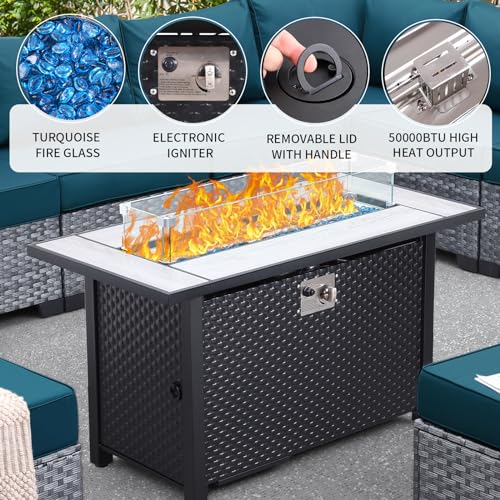WAROOM Patio Furniture Set 9 Piece Gray Rattan Outdoor Sectional Sofa PE Wicker Couch Conversation sets with 45" Propane Fire Pit Table and Non-Slip 5" Thick Peacock Blue Cushion WAROOM