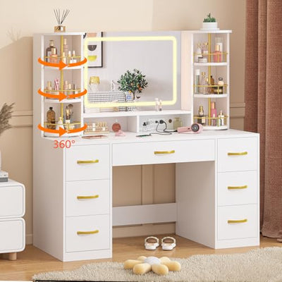 Vanity Desk with LED Mirror and 360 Rotating Makeup Organizer Shelves, White Makeup Vanity with Lights & Charging Station, Large Vanity Table with 6 Storage Drawers Bedroom Makeup Desk for Women Girls