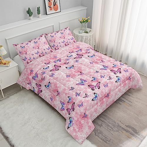 Datura home Kids Comforter Set Girls Pink Flower Butterfly Printed Pattern Quilt Bedding Set with 1 Comforter and 2 Pillowcases for Girls Bedroom All Season(Pink Flower Butterfly Twin 68x86inch) SXMFFHCG