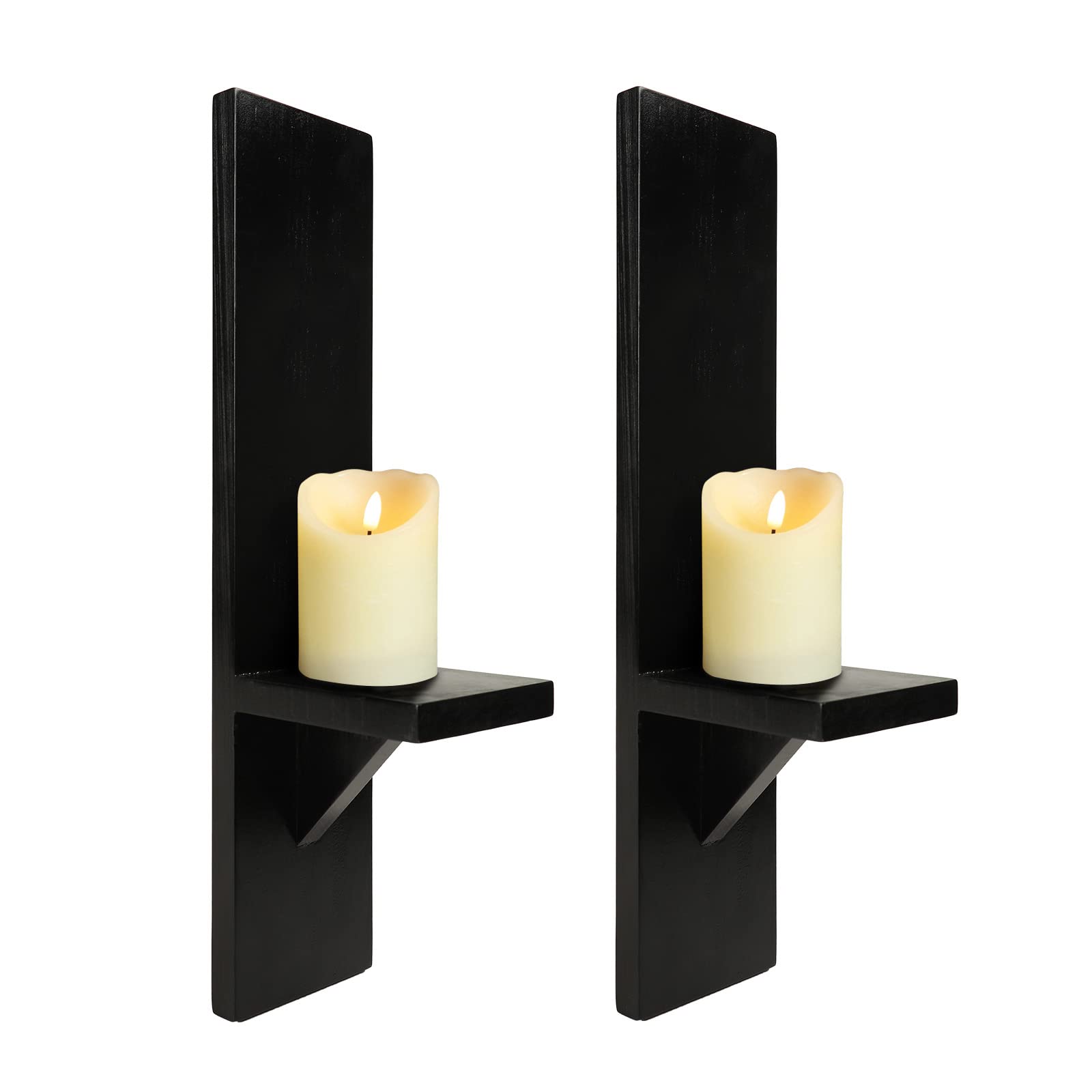 Wall Candle Sconces Set of 2, Decorative Wooden Candle Holder, Farmhouse Candle Sconce, Living Room Wall Decoration (Solid Black) - WoodArtSupply