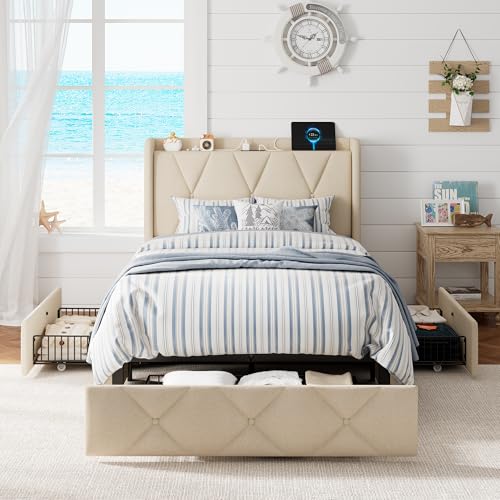 GalnFu Twin Bed Frame with 4 Storage Drawers, Upholstered Platform Bed with Charging Station, Modern Wingback Storage Headboard, Easy Assembly,Noise-Free, Beige GalnFu