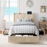 GalnFu Twin Bed Frame with 4 Storage Drawers, Upholstered Platform Bed with Charging Station, Modern Wingback Storage Headboard, Easy Assembly,Noise-Free, Beige GalnFu