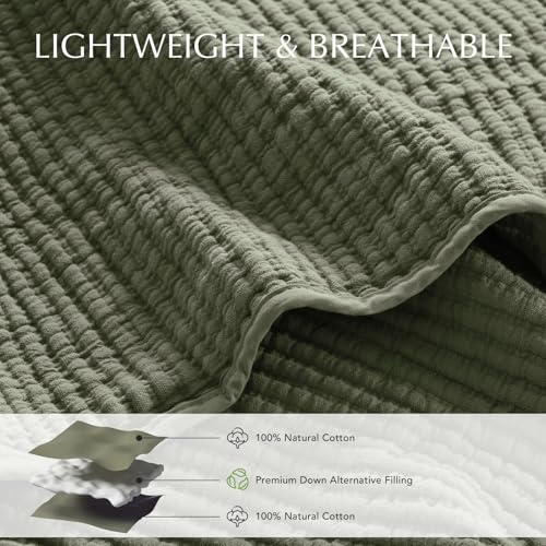 EVERGRACEHOME Cotton Coverlet Set King Size 3 Pieces, Lightweight Soft Ribbed Matelassé Bedspread Quilt Set, Cozy Oversized Quilted Bedding Set with 2 Pillow Shams for All Seasons, Olive Green EVERGRACEHOME
