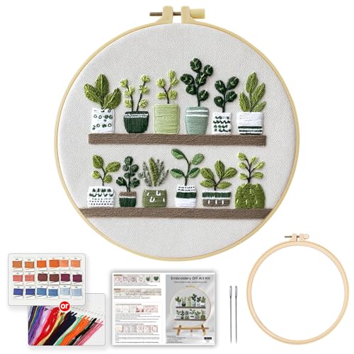 Full Range Embroidery Kit for Adult, Green Plant Pattern Embroidery Kit for Beginners Include Embroidery Cloth Hoops Threads for Craft Lover Hand Stitch with Embroidery Skill Techniques,Home Decor
