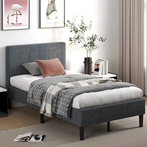 GORELAX Upholstered Twin Bed Frame with Headboard, Solid Wood Slat Support Mattress Foundation, No Box Spring Needed & Easy Assembly, Under Bed Storage, 16 inch Tall Platform Single Bed Frame (Grey) GORELAX