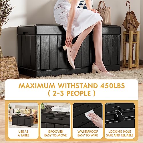 YESHOMY Storage Chest, Entryway Resin Shoe Bench with Hydraulic Bracket Flip Lid, Side Holder, Supports 450 lb, 45.6 x 20.8 x 23.2 Inches For Bedroom, Living Room, Lockable, Black YESHOMY