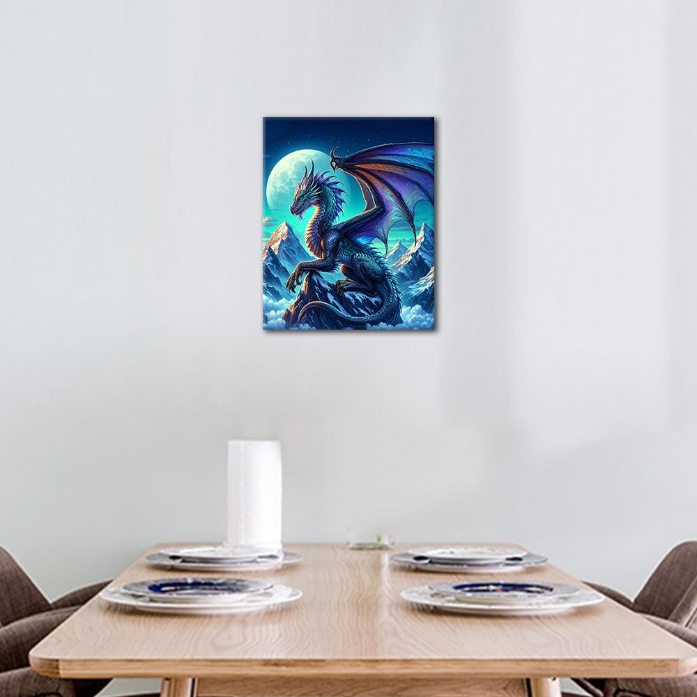 ‌Paint by Numbers for Adults Fantasy Dragon Flying Under Moonlight DIY Art Kit with Pre Printed Canvas Acrylic Paints and Brushes for Stress Relief and Wall Decor 16x20 Inch‌ TUMOVO