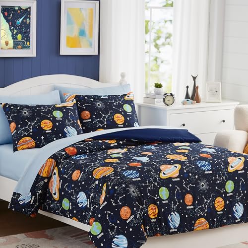 Queen Kids Comforter Set - 7 Pieces Queen Bedding Sets for Boys, Glow in The Dark Space Bed in A Bag with Sheets Kaleido Space