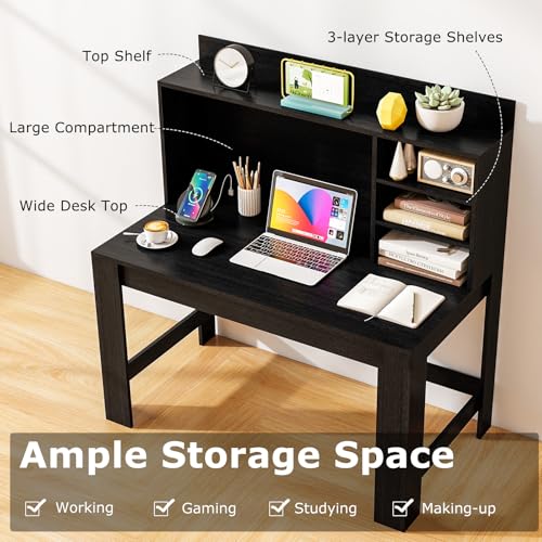 Tangkula Computer Desk with Hutch & Charging Station, Home Office Writing Study Desk with Storage Shelves, Cable Management Hole, Laptop Desk, Desk for Bedroom, Computer Workstation (Black) Tangkula