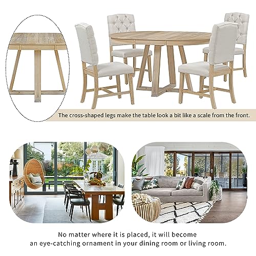 Ball & Cast 5 Piece Dining Table Set with 4 Upholstered Chairs,Living Room Furniture W/ 42" Table,Tabletop Can be Adjusted from Round to Oval in Shape,for Restaurant,Home Bistro,Natural Ball & Cast