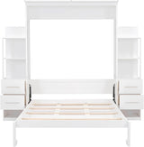 Queen Murphy Bed with Storage Drawers,LED Lights and Storage Bookcase Shelves,Wood Murphy Wall Bed Cabinet for Adults (White) MERITLINE